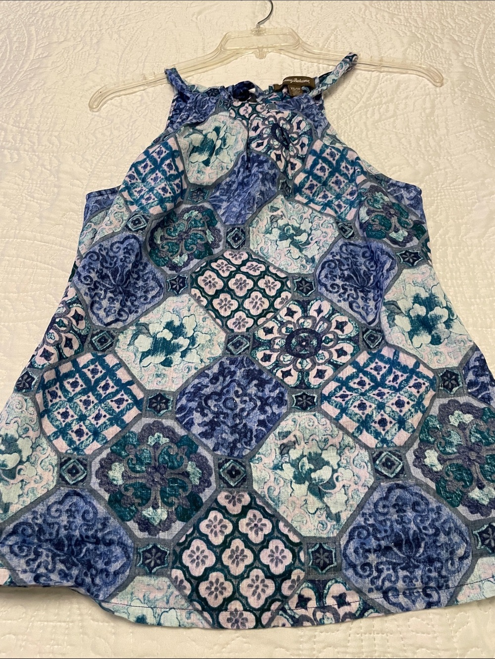 Tommy Bahama Linen Halter Top Tank Geometric Patchwork Pattern Tie Neck XS